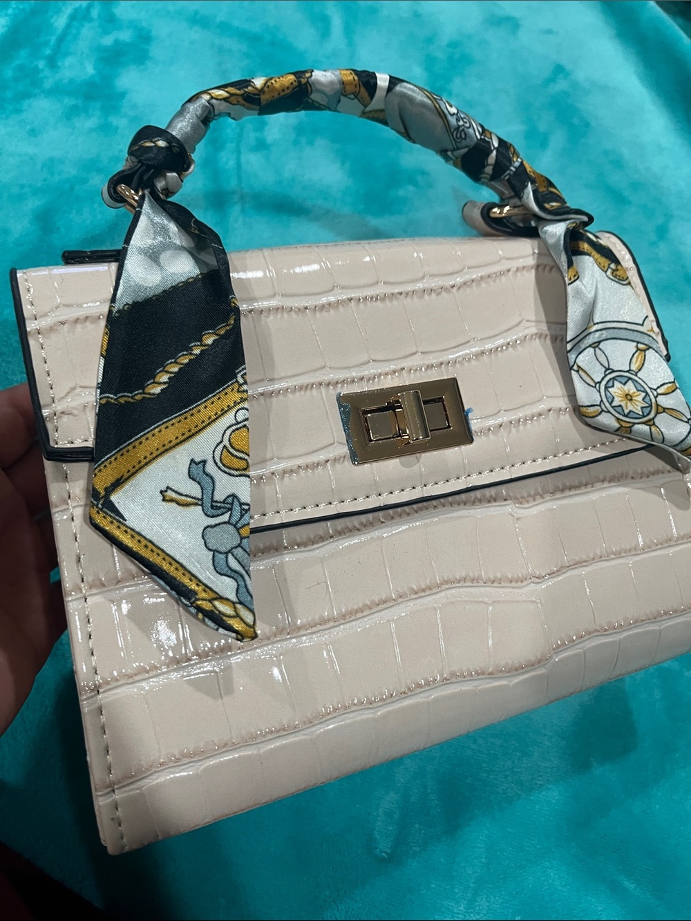 Chic Cream Croc-Embossed Mini Top-Handle Bag with Scarf-Wrapped Handle